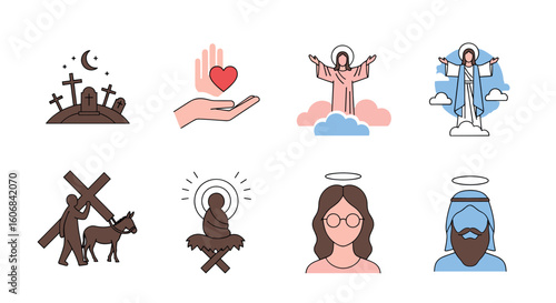 Sacred Symbols: A vibrant array of faith symbols including the cross, the savior and angels, conveying themes of spirituality, hope, and guidance.