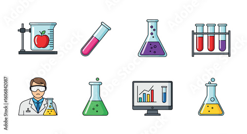 Science laboratory items vector illustration: Illustrative, clean, and visually appealing, featuring iconic science laboratory items. Ideal for educational materials.