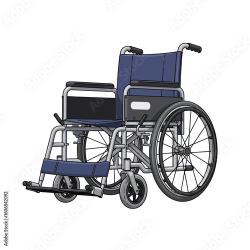 A detailed illustration of a blue and silver wheelchair, isolated on white.