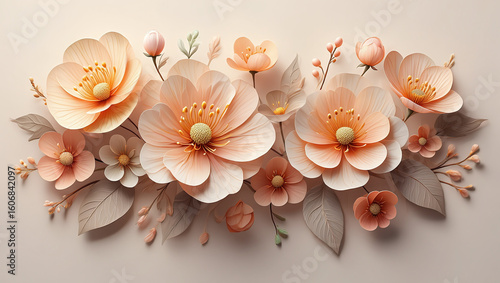 A beautiful horizontal floral arrangement of 3D papercraft flowers in soft peach and pastel colors. Elegant botanical banner.