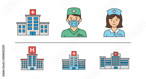Hospital and Medical Icons: A clean graphic displays icons representing hospital buildings and medical staff, ideal for medical and healthcare-related projects.