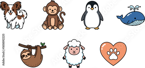 Assorted Animal Friends: An engaging assortment of cute animal illustrations, featuring a playful dog, a curious monkey, a charming penguin, a friendly whale, a leisurely sloth, a fluffy sheep.