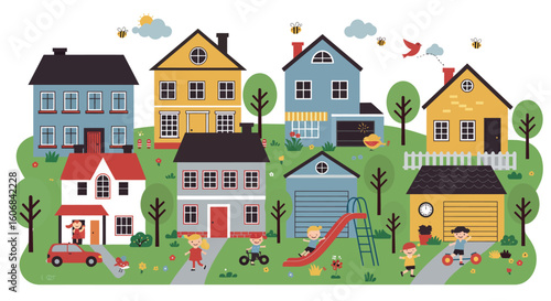 Colorful neighborhood with playful children and charming houses