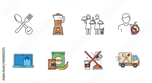 Culinary Delights Icon Set: A curated collection of meticulously crafted icons representing diverse facets of food, dining, and culinary experiences.