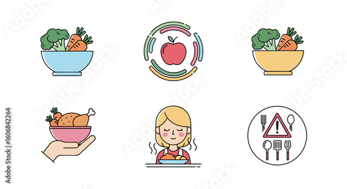 Nutrition and Healthy Diet Icon Set: This visually appealing icon set celebrates a balanced approach to nutrition.