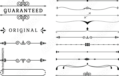 Set of vintage calligraphic design elements: ornate borders, frames, and dividers with swirls, scrolls, and floral flourishes for page decoration