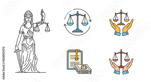 Justice and Judgement Icon set: A set of symbolic images representing justice and judgment, perfect for legal, ethical, and fairness-related content.