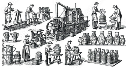Vintage engraving style pottery workshop with artisans and machines in black and white