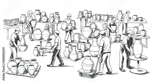 Artisans crafting pottery in busy workshop scene with hand drawn details