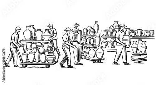 Workers transporting ceramic vases in linear style