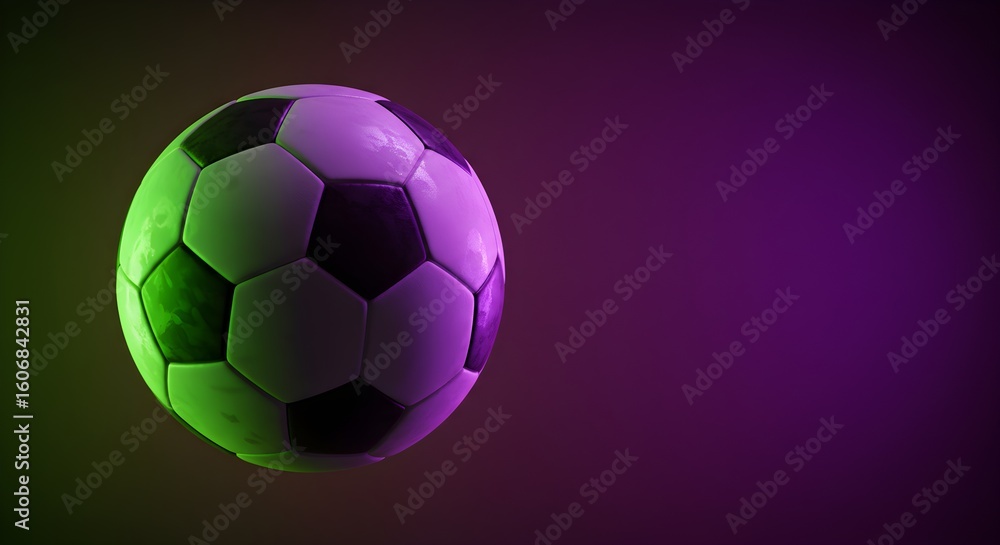 Fototapeta premium A soccer ball illuminated with vibrant green and purple lighting against a dark background.