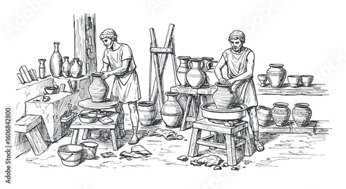 Ancient pottery workshop scene with craftsmen creating clay vessels in sketch style