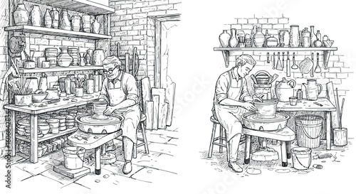 Ceramic artisans crafting pottery in a rustic workshop setting