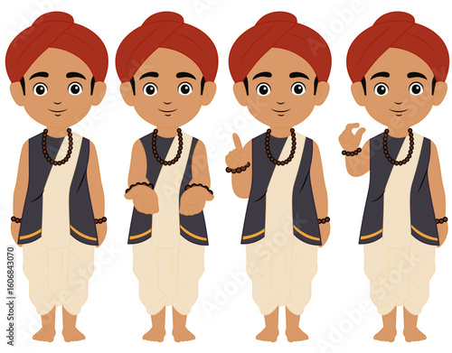 Cartoon Indian Boy Student in Traditional Dhoti Turban