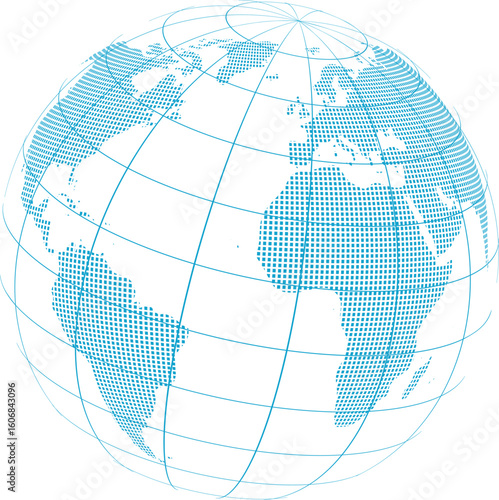 Abstract representation of the earth globe with continents and grid lines in a digital blue dot pattern