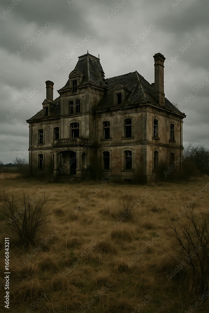 Naklejka premium Abandoned Historic Mansion in a Peach Field