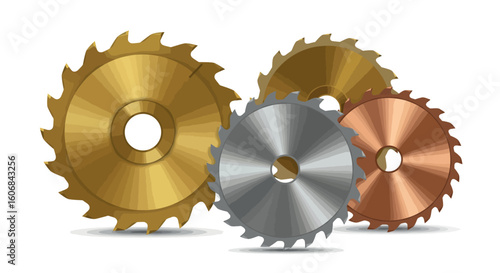Colorful circular saw blades on white background with shadow effect