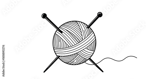 Monochrome yarn ball with knitting needles: crafting and textile art design