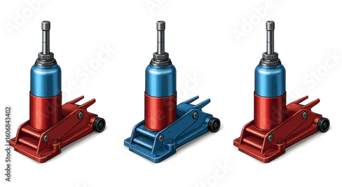 Detailed hydraulic bottle jacks: triple equipment display in 3d style