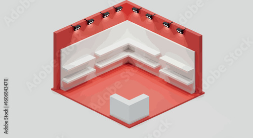 Isometric retail display shelves in modern red and white design for store interior