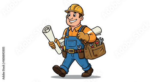 Cheerful construction worker carrying blueprints and tools in cartoon style