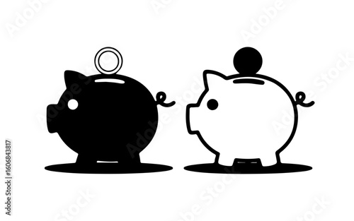 Piggy Bank Silhouette Duo: Contrasting Savings Icons in Black and White Vector Design