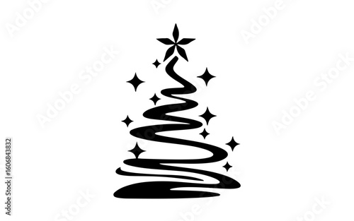 Minimalist Christmas Tree Silhouette with Zigzag Lines and Stars