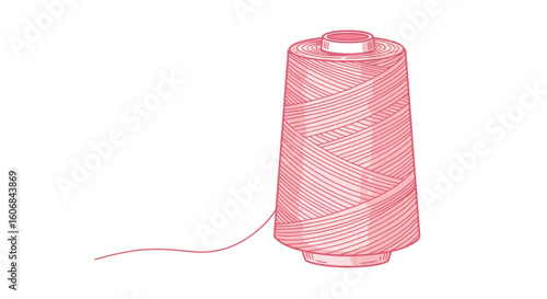 Minimalist thread spool design with pink linear details on white background