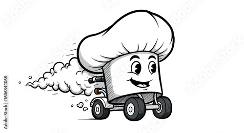 Cartoon chef hat on wheels racing with joyful expression