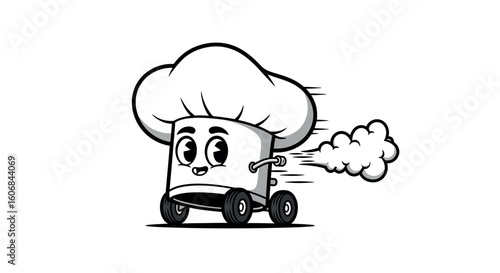 Whimsical chef hat character on wheels in action mode