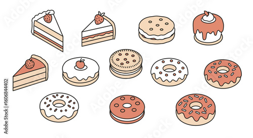 Delicious assorted pastries and desserts with minimalist isometric design