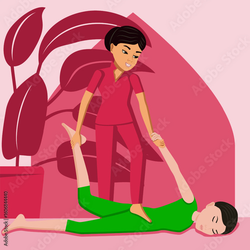 Shiatsu massage. Therapy and treatment by professional therapist in SPA. Isolated flat vector illustration. Eastern and Asian ethnicity.