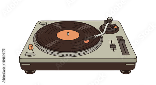 Retro turntable with vinyl record in minimalist style