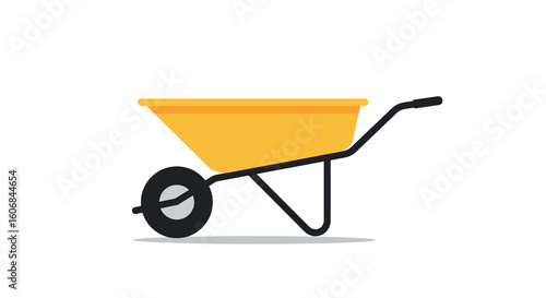 Yellow wheelbarrow on white background: minimalist garden tool design