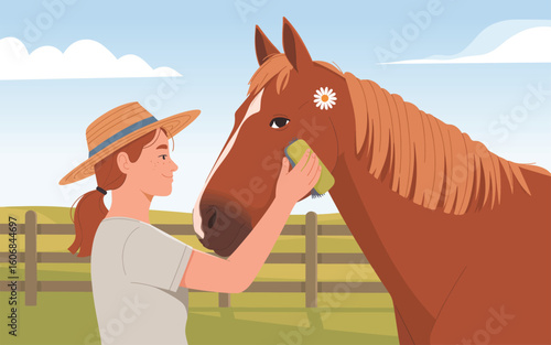 A woman in a straw hat tenderly grooming a brown horse on a farm. Flat vector illustration.