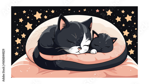 Sleeping Cats Under the Stars: An Adorable Duo Curled Up on a Pillow in a Dreamy, Night Sky Setting
