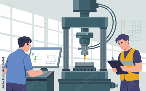 Modern flat vector illustration of engineers working with industrial machinery in a factory