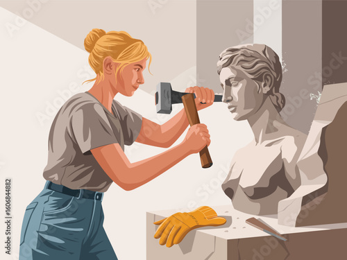 A flat vector illustration of a female sculptor carving a marble bust with a chisel and hammer.