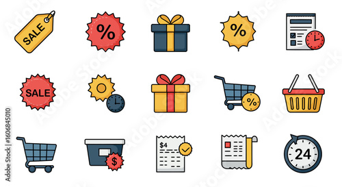 Colorful shopping icons for discounts and sales: diverse cart, basket, and gift box symbols