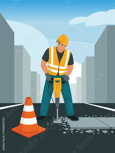 Construction worker with a jackhammer breaking asphalt on a city road. Vector illustration.