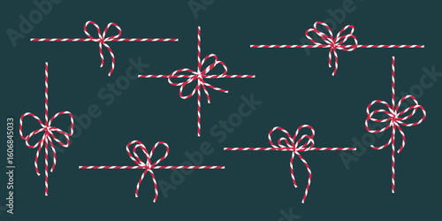 Vector bow and ribbon set. Red white striped String with knots and loops. linear bows with crossing rope lines. Christmas holiday gift box package element. Great for card, banner, seasonal ads