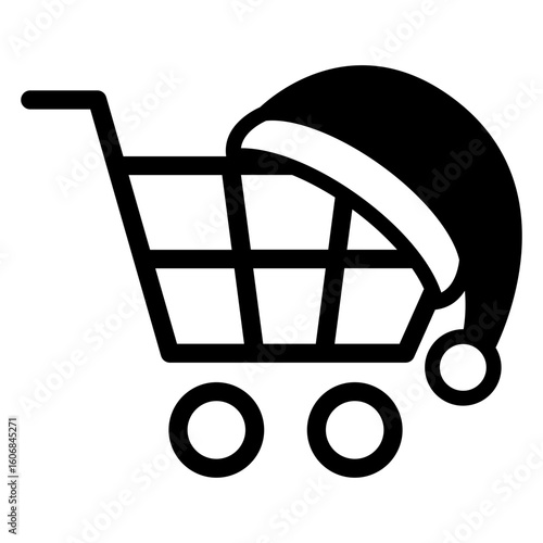 Logo compras de Navidad. Icono con carrito de la compra con líneas y sombrero de Santa Claus 