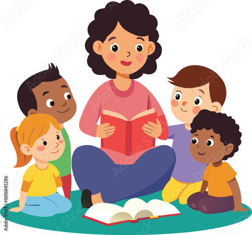 Diverse group of young children sitting around a friendly female teacher reading a book during a story time session isolated on transparent background