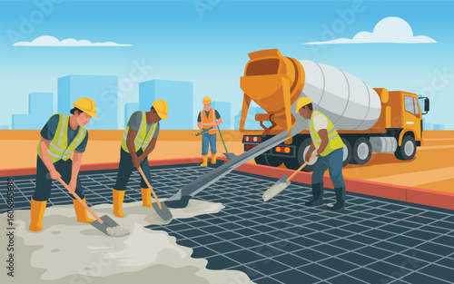 Construction workers pour concrete on a new foundation with a cement mixer on site
