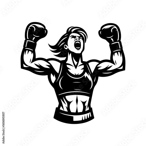 Powerful Female Boxer in Victory Pose.
