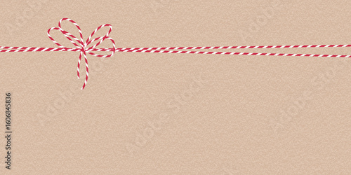 Modern craft Christmas background. Minimal Xmas New Year gift wrap textured background with red white rope bow. Template for web ads, banner, packaging, card, invitation, poster, holiday promotion