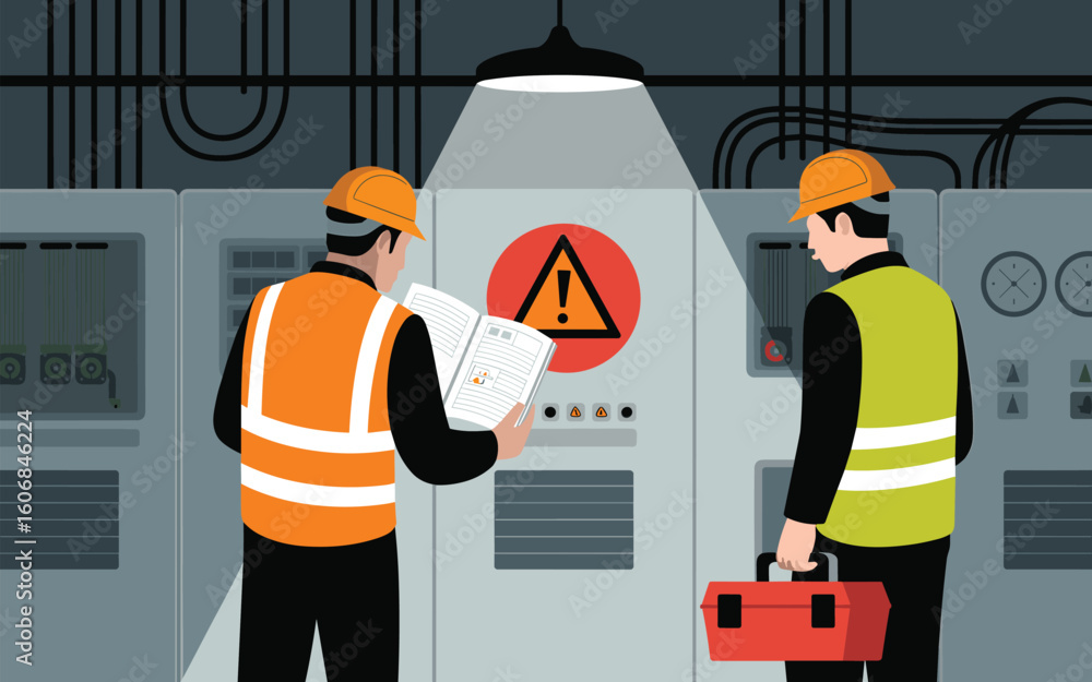 Fototapeta premium Two industrial workers in safety vests inspecting a machine control panel. Flat vector illustration.