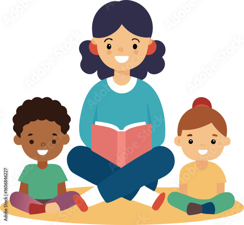Friendly teacher reading a book to two diverse happy children sitting on the floor isolated on transparent background