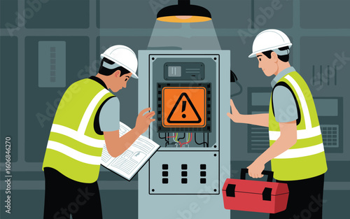 Electricians Inspecting Electrical Panel with Warning Sign