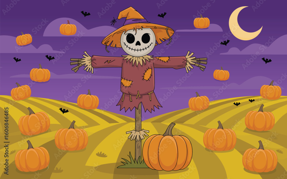 Fototapeta premium Creepy scarecrow standing in a pumpkin patch field on a spooky Halloween night.